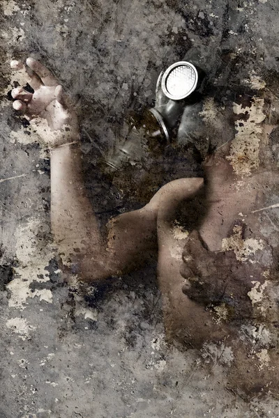 Artistic portrait with textured background, man with gas mask — Stock Photo, Image