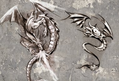 dövme sanatı illüstrasyon, ejderha gri duvar üzerinde