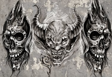 Tattoo art, 3 demons over grey background, Sketch clipart