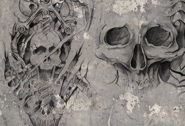 Sanat, 2 biyomekanik Şeytanların gri arka plan üzerinde dövme, eskiz