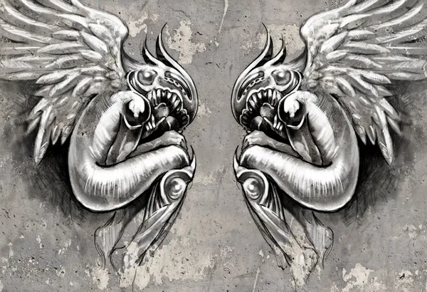 Sketch of tattoo art, two angels, fantasy concept over wall — Stock Photo, Image