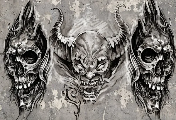 Tatuaggio arte, 3 demoni su sfondo grigio, Schizzo — Foto Stock