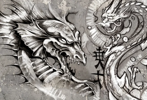 Dragones, ilustración del tatuaje sobre la pared gris —  Fotos de Stock