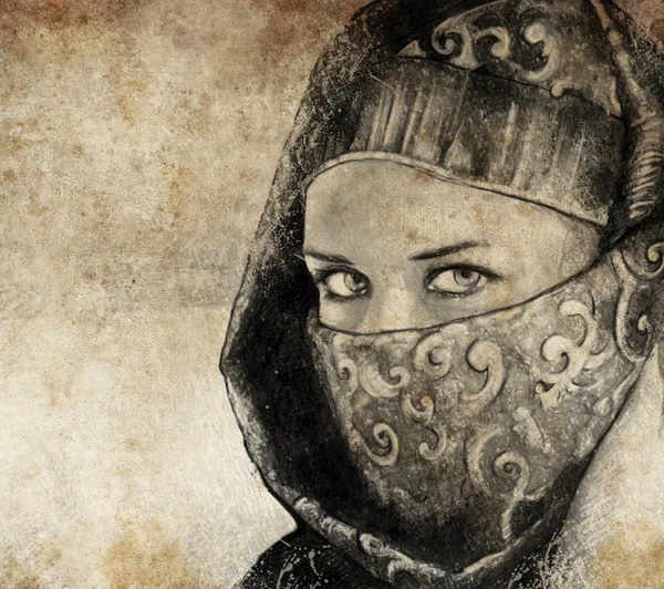 Arap kadın, dijital tablet ile yapılan eskiz çöl