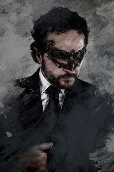 Umělecký obraz benátské maskované tajemného muže a elegantní černé suite — Stock fotografie