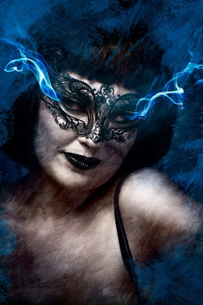 Artistic mysterious brunette woman in lingerie, blue smoke comin