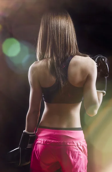 Back muscled young female boxer, fitness — Stock Photo, Image