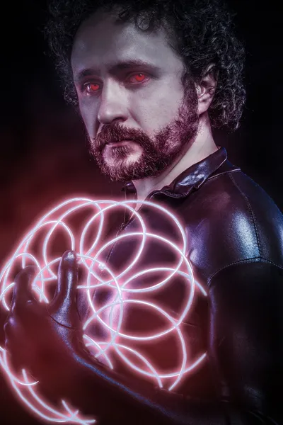Man with blue neon lights, the future warrior costume — Stock Photo, Image