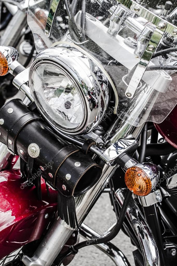 Closeup of a big chromium motorcycle engine, shiny chrome plated