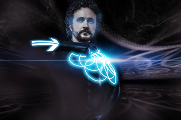Toekomstige man, science-fiction image, krijger met neon schild — Stockfoto