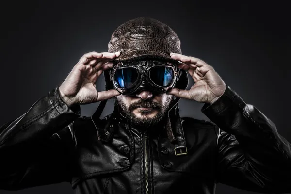 Attractive fighter pilot with hat and glasses era — Stock Photo, Image