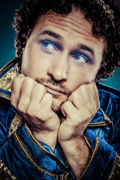 Blue prince dressed with elegant prussian blue jacket, melanchol — Stock Photo, Image