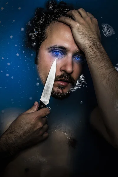 Man with knife, melancholy and suicide, sadness and depression c — Stock Photo, Image