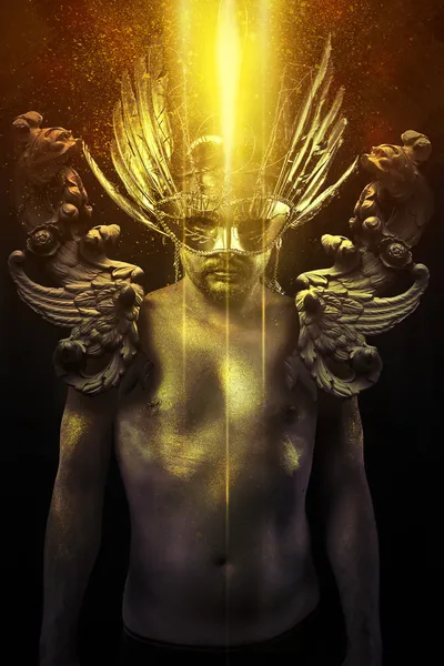 Victory, warrior or ancient god with golden mask and sword great — Stock Photo, Image