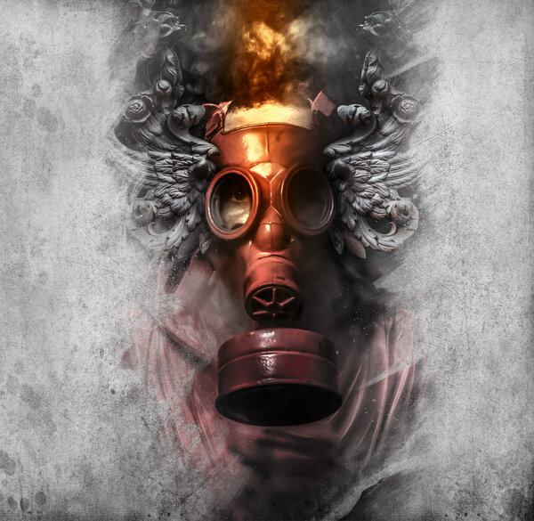 Toxic. A man in a gas mask in the smoke.