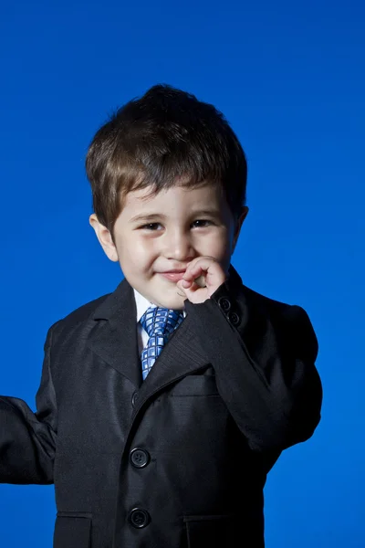 Success, Businessman surprised, cute little boy portrait over bl — Stock Photo, Image