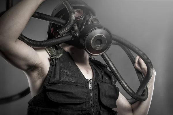 Nuclear disaster, man with gas mask, protection — Stock Photo, Image