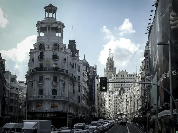 Gran via, street i madrid, huvudstad i Spanien, Europa. — Stockfoto