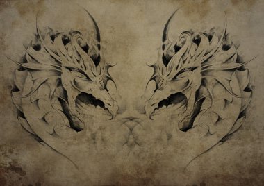 ejderha üzerinde vintage kağıt, siyah tribal dövme tattoo