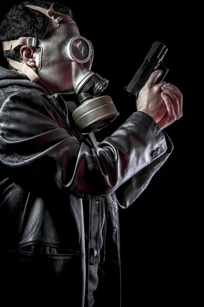 Thief, armed man with black leather jacket, dangerous — Stock Photo, Image