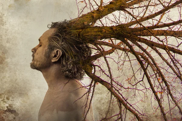 Uomo con rami d'albero che escono dalla testa — Foto Stock