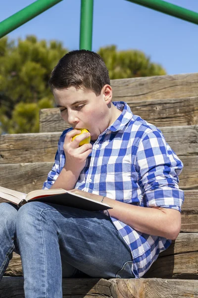 Jongen leest een boek in het park — Stockfoto