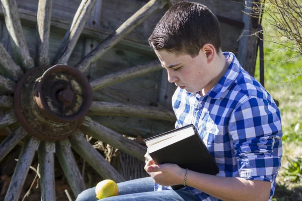 Jongen lezen van een boek in buiten — Stockfoto