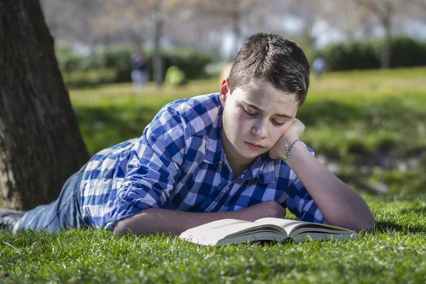 Jonge jongen lezen van een boek — Stockfoto