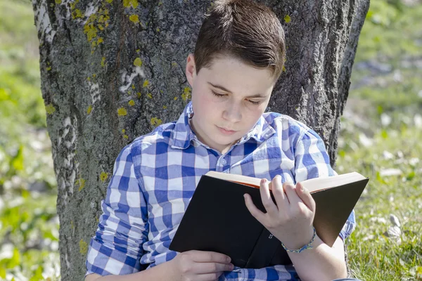 Jonge jongen lezen van een boek — Stockfoto