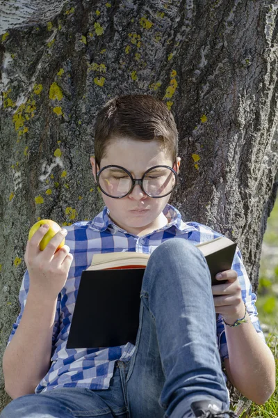 Jovem rapaz lendo um livro — Fotografia de Stock