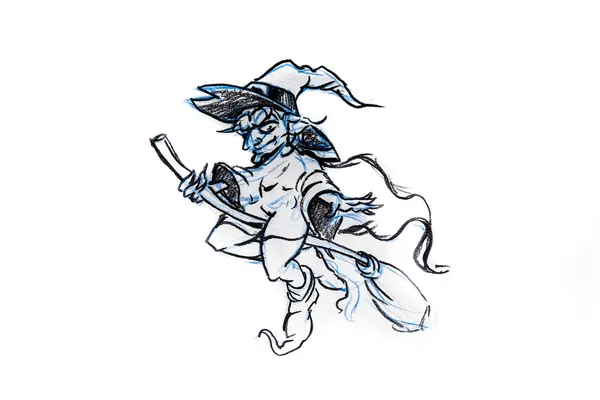 Witch flying on a broom, sketch of tattoo — Stock Photo, Image