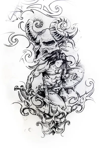 Viking warrior, sketch of tattoo — Stock Photo, Image