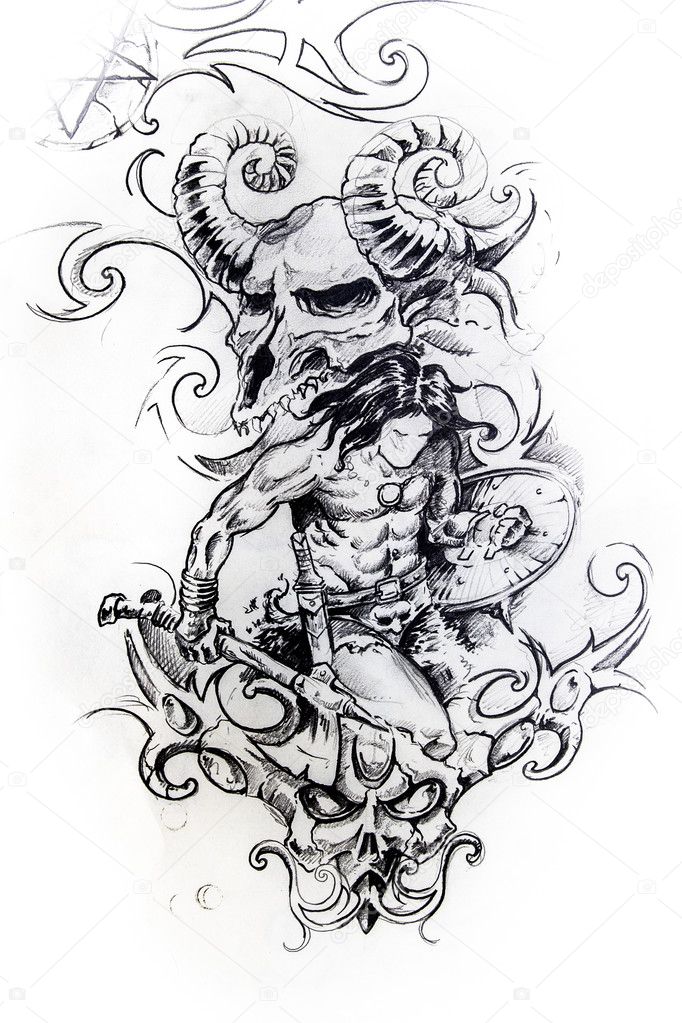 Viking warrior, sketch of tattoo