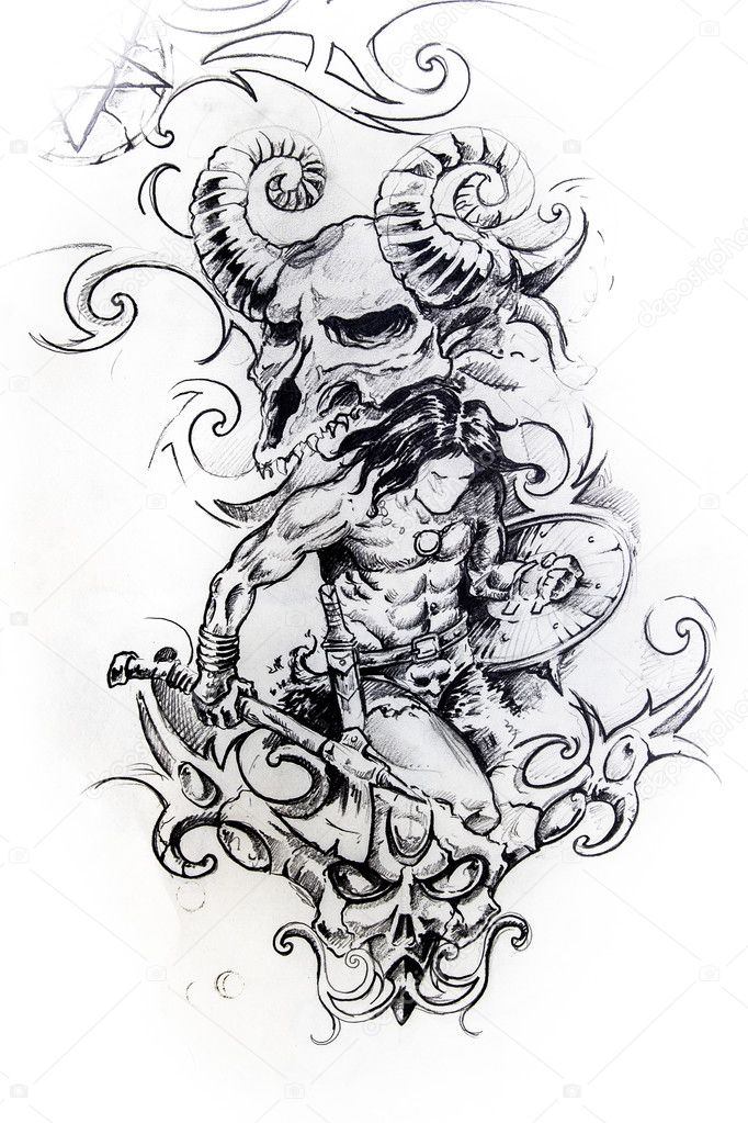 viking warrior sketch of tattoo stock photo viking warrior sketch of tattoo stock photo