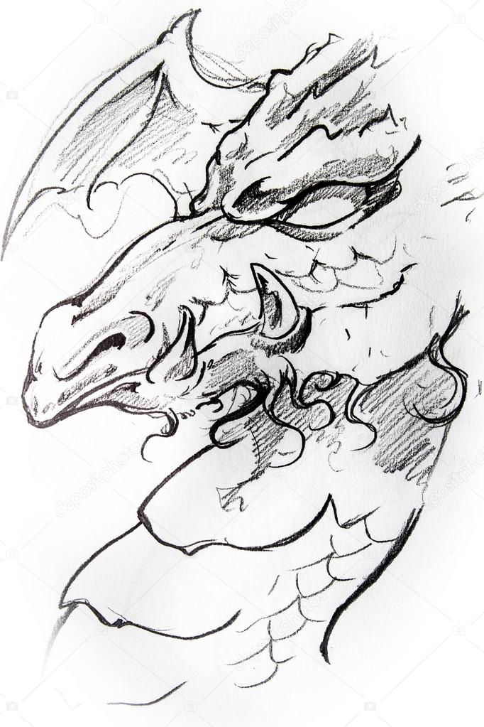 Desenho da arte da tatuagem, fantasia dragão medieval com fogo branco  fotos, imagens de © outsiderzone #9745514