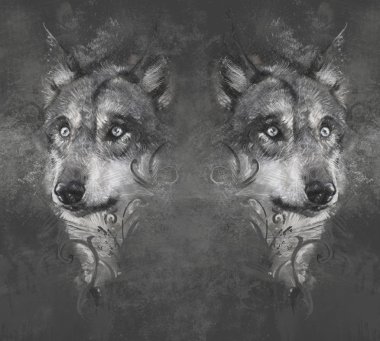 Wolfs. gri arka plan üzerinde dövme tasarım.