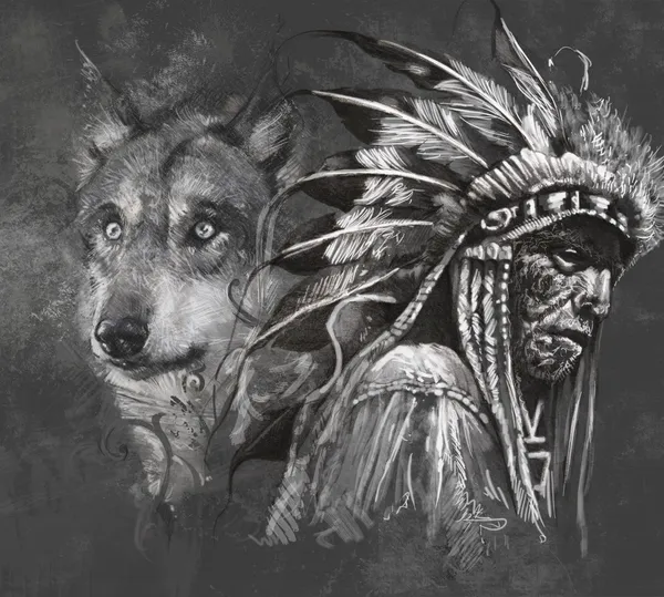 Wolf and american indian chief. — Stock Photo, Image