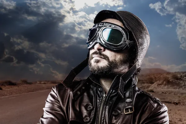 Biker with black leather jacket — Stock Photo, Image