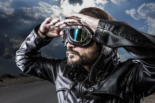 Biker with black leather jacket — Stock Photo, Image