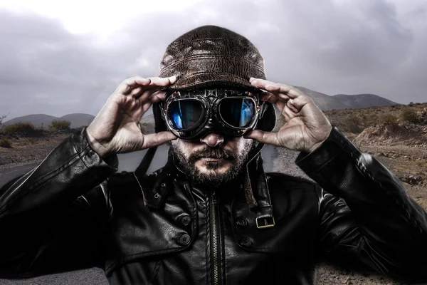 Biker with black leather jacket — Stock Photo, Image