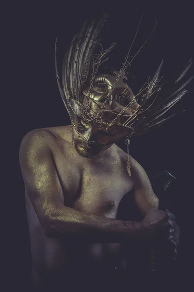 Homem com asas e capacete dourado — Fotografia de Stock