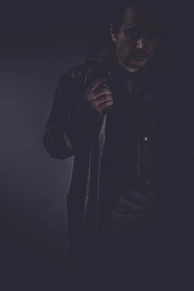Man with long leather jacket — Stock Photo, Image