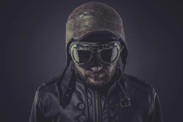 Pilot dressed in vintage style leather cap — Stock Photo, Image