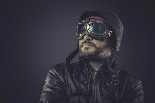 Pilot dressed in vintage style leather cap — Stock Photo, Image