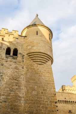 Navarra, İspanya 'daki Olite şehrinin ortaçağ şatosu. Duvar, siperler ve kale