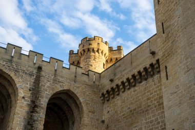 İspanya, Navarra 'daki Olite şehrinin ortaçağ kalesi. Duvar, siperler ve kale