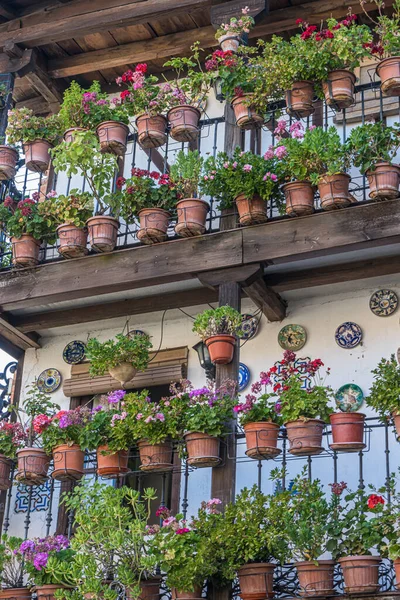 Façade Vieux Bâtiment Avec Pots Fleurs Tourisme Dans Centre Espagne — Photo