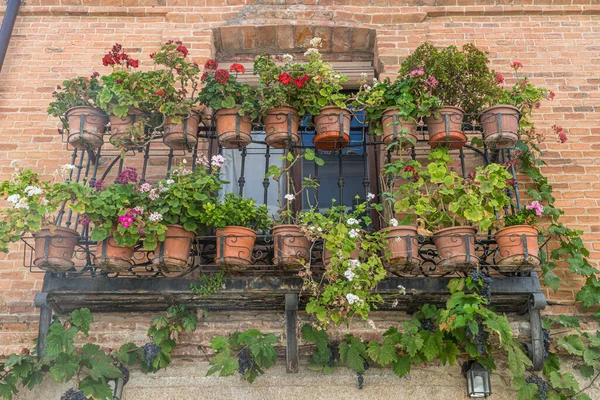 Été Façade Vieux Bâtiments Avec Pots Fleurs Tourisme Dans Centre — Photo