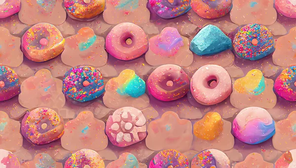 Иллюстрация Пончики Ряд Цветов Вкусные Вкусы Творческий Фон Сладостей Конфет — стоковое фото