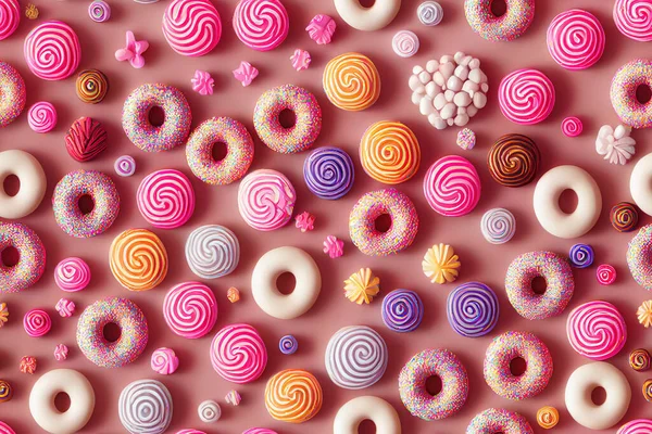 Donuts Rows Colors Tasty Flavors Creative Background Sweets Candies Colorful — Stock Photo, Image